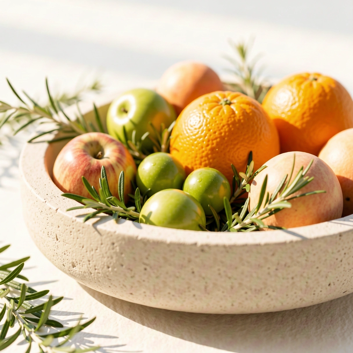 Свежи плодове и билки в керамична купа